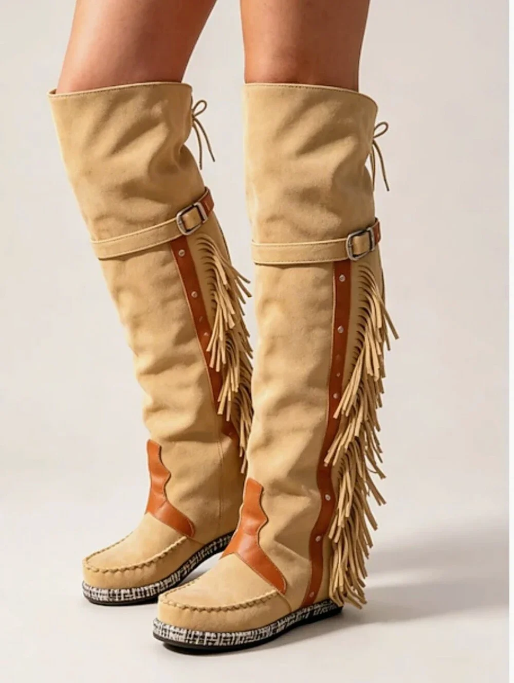 NWOT Tan Faux Suede Knee High Fringe Moccasin Buckle Western Festival Boots 10